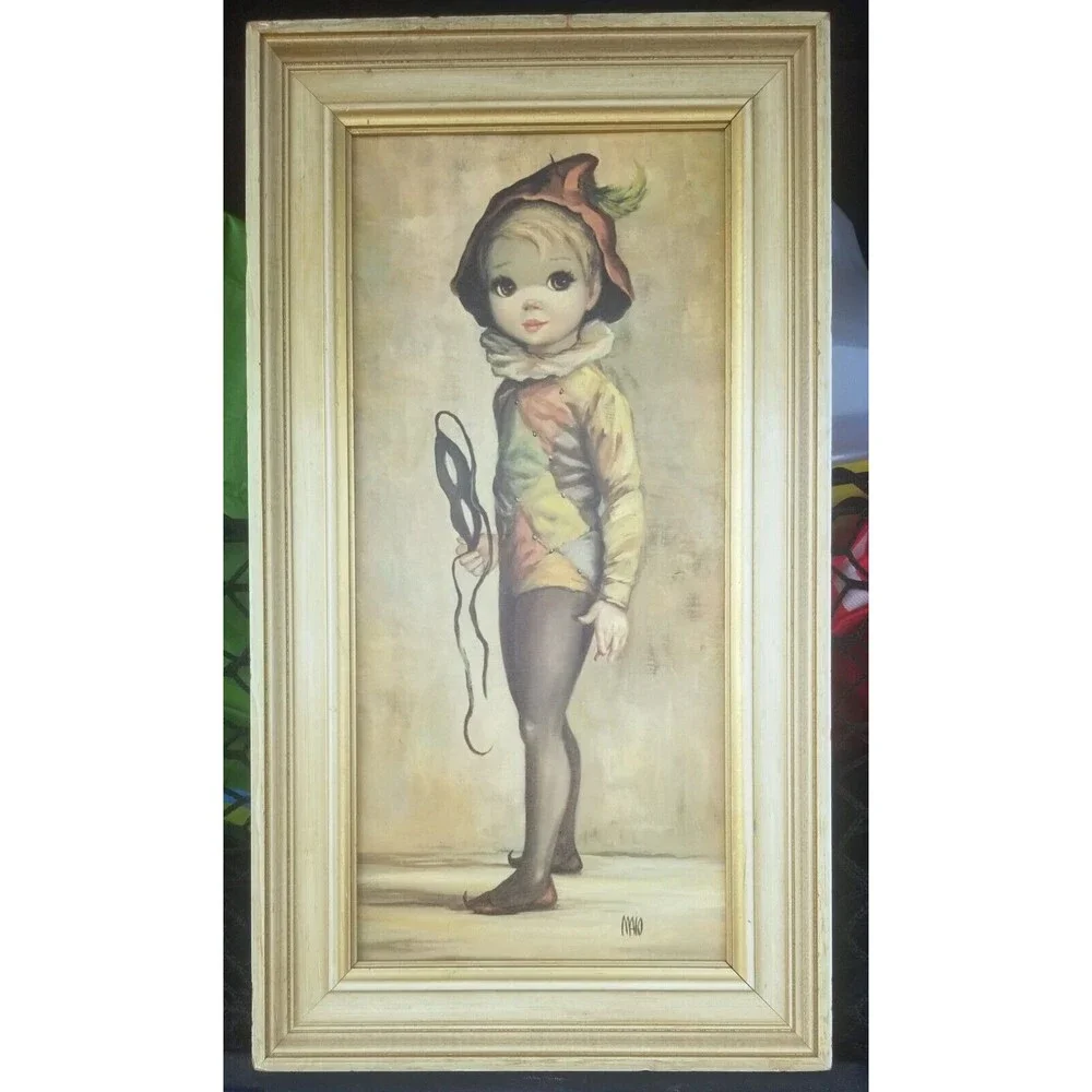 Vintage 1960s Jean Maio Harlequin Boy Big Eyes Framed Print 18